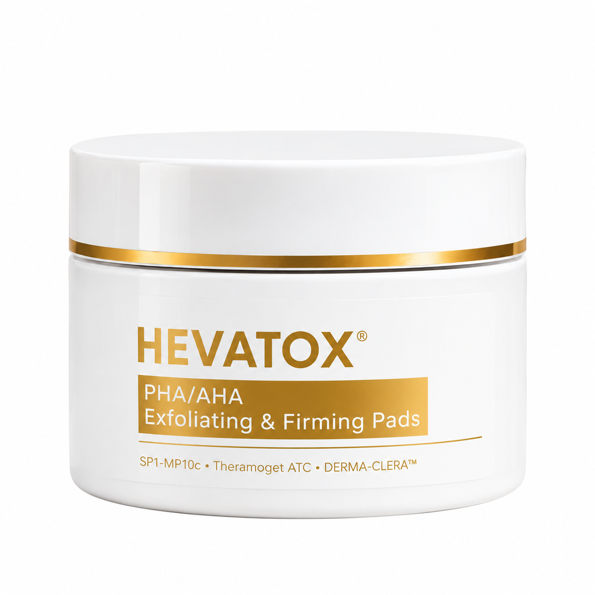 A white cosmetic jar of HEVATOX PHA/AHA Exfoliating & Firming Pads with gold lettering and a gold band on the lid, set against a plain white background.