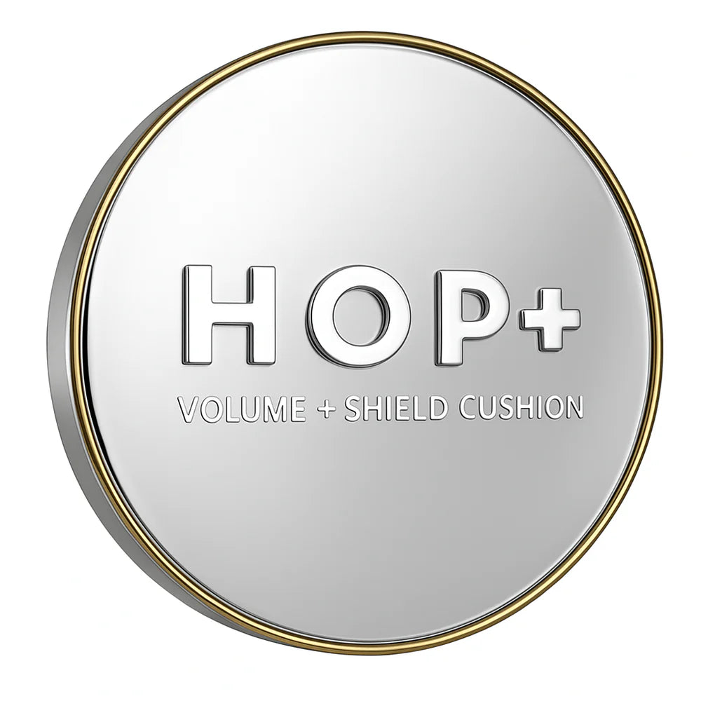 Round compact with 'HOP+' branding on a white background