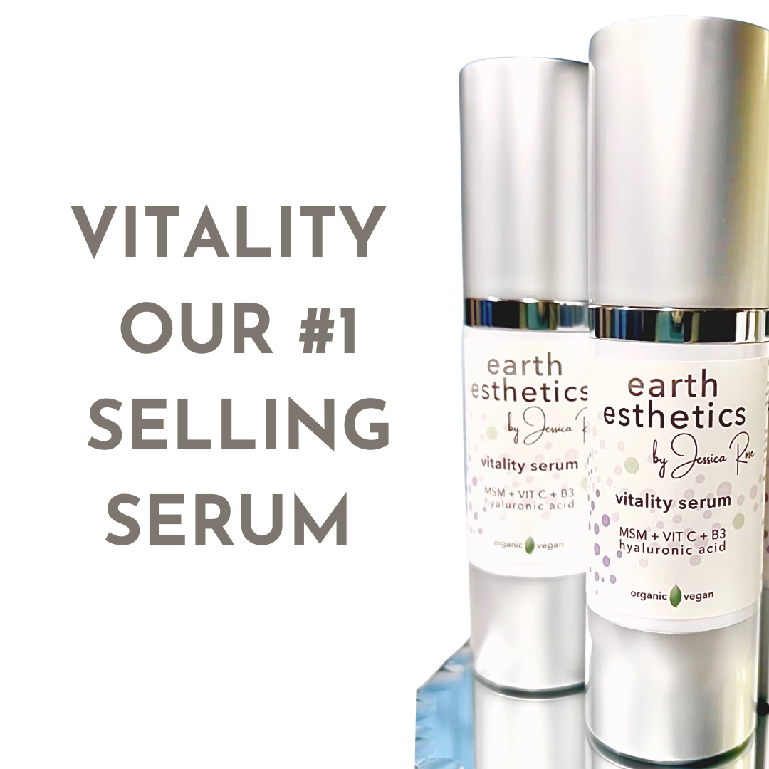 Two bottles of Vitality Serum by Earth Esthetics, positioned on a reflective surface with the product name highlighted.