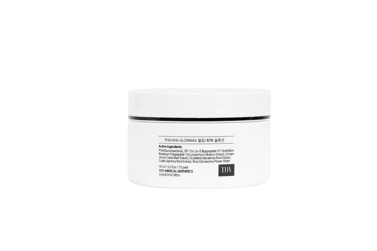 Back label of the Hevatox PHA/AHA Exfoliating & Firming Pads jar showing active ingredients and product size, 95ml / 55 pads.
