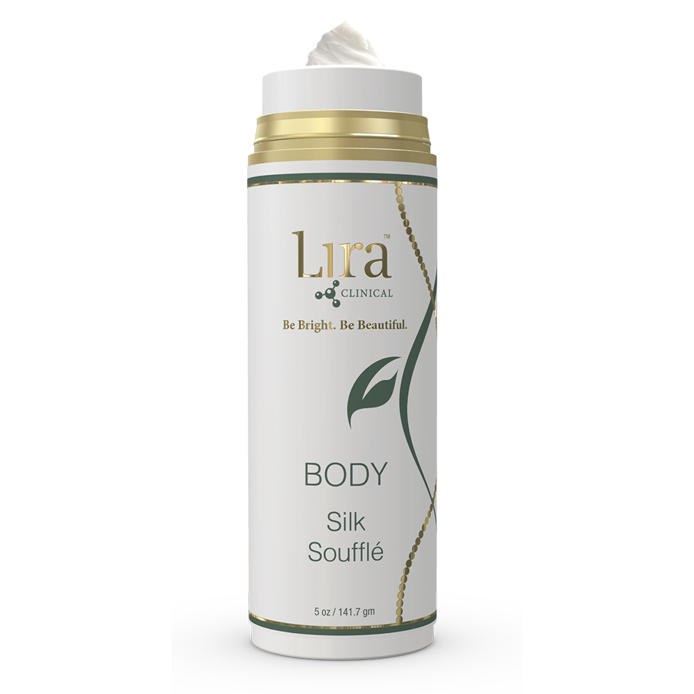 A pump bottle of Lira Clinical BODY Silk Souffle, a skin care product.